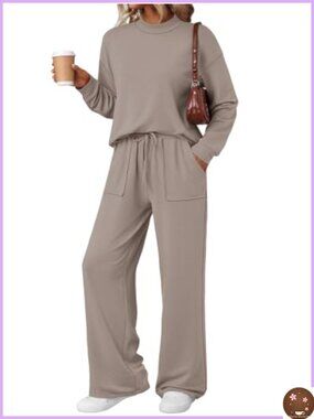 Lounge Set Mock Neck Top Wide Leg Pants with Pockets Polyester Rayon Spandex